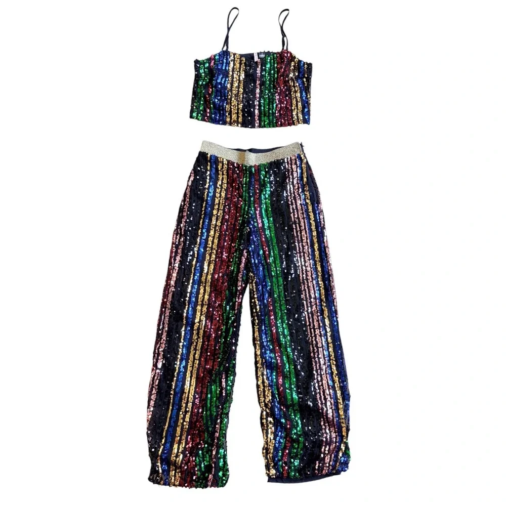 Love by Design Rainbow Sequin 2 Piece Set Crop Top M Pants S Festival Party Glam